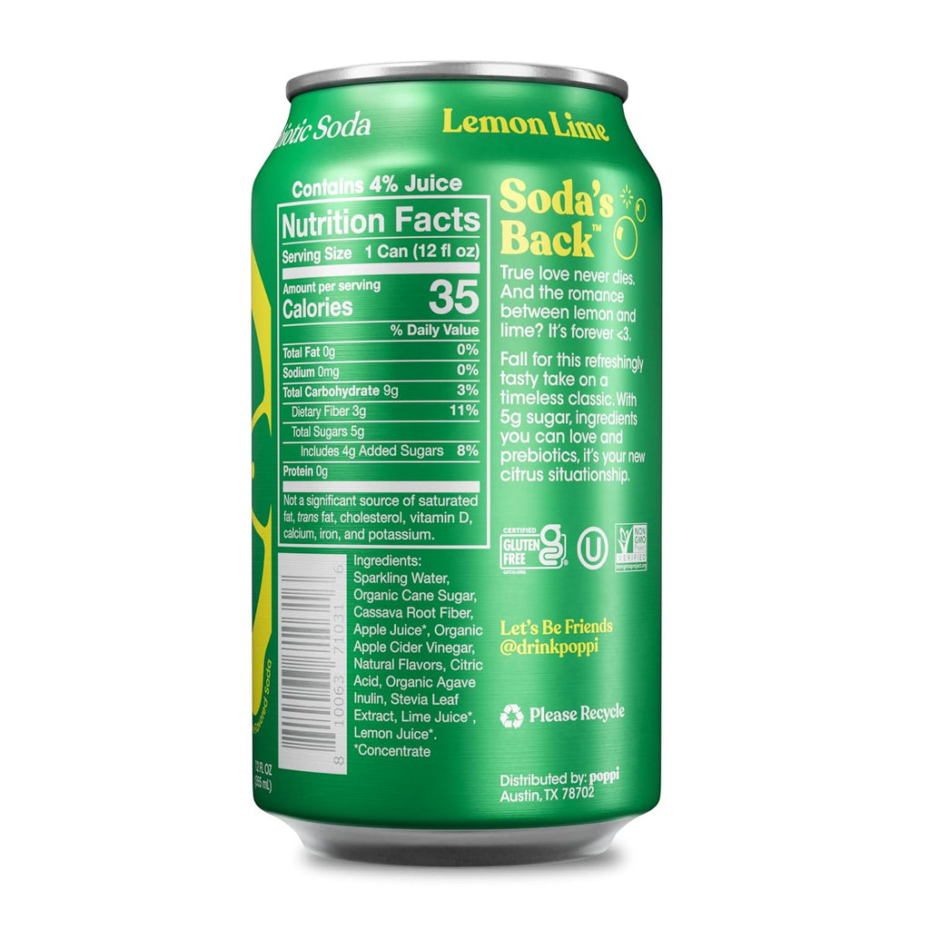 Poppi Sparkling Prebiotic Soda Beverage with Apple Cider Vinegar, Seltzer Water and Fruit Juice, Lemon Lime Flavor, 12 Fl Oz, 1 Count, Packaging May Vary