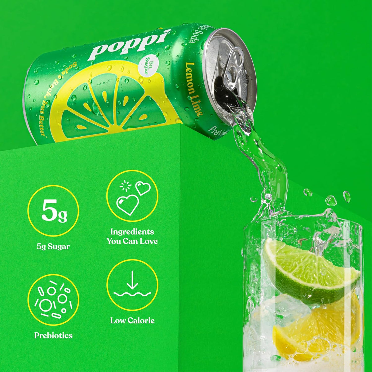 Poppi Sparkling Prebiotic Soda Beverage with Apple Cider Vinegar, Seltzer Water and Fruit Juice, Lemon Lime Flavor, 12 Fl Oz, 1 Count, Packaging May Vary
