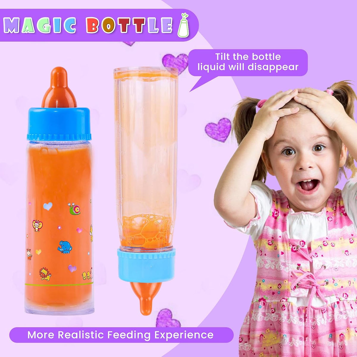 Baby Doll Bottle Accessories - 6 Pcs Magic Milk Feeding Toys Light Purple