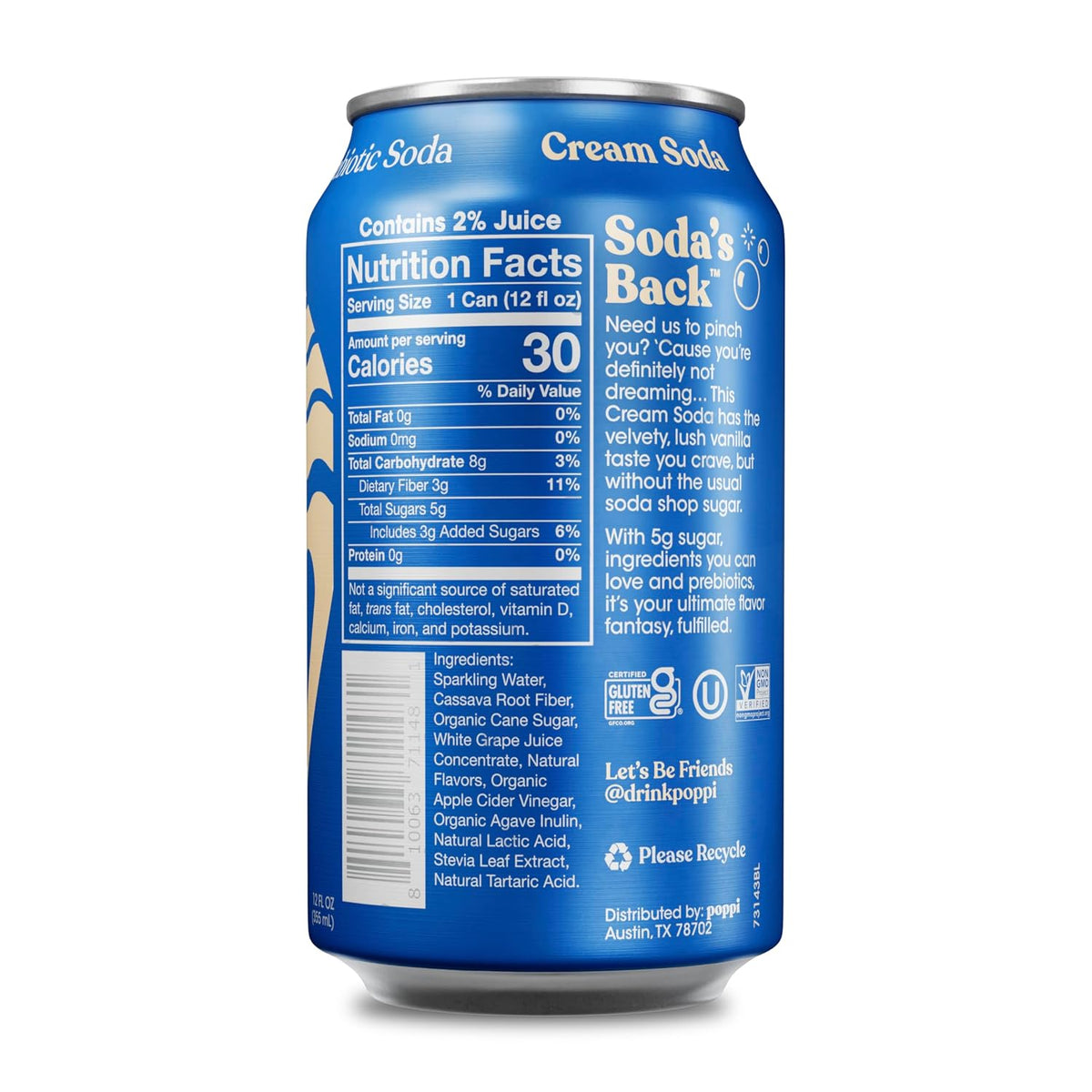 Poppi Prebiotic Soda, Cream Soda, 12 Oz, 12 Pack