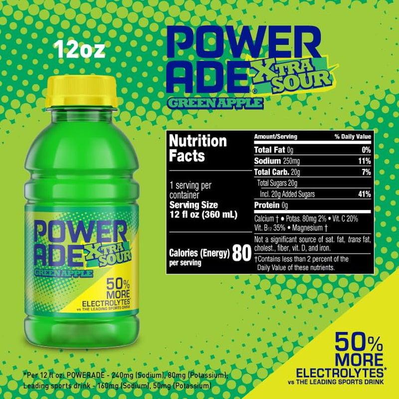XTRA SOUR Sports Drink, Green Apple Electrolyte Drink 12 Oz (8 Pk)